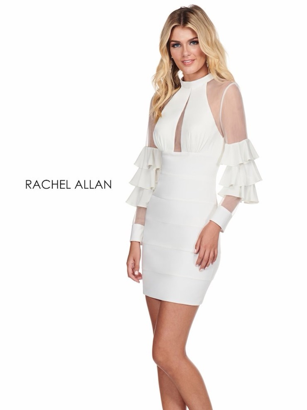 Rachel Allan White Sheer-Sleeve Ruffle Tiered Mini Dress